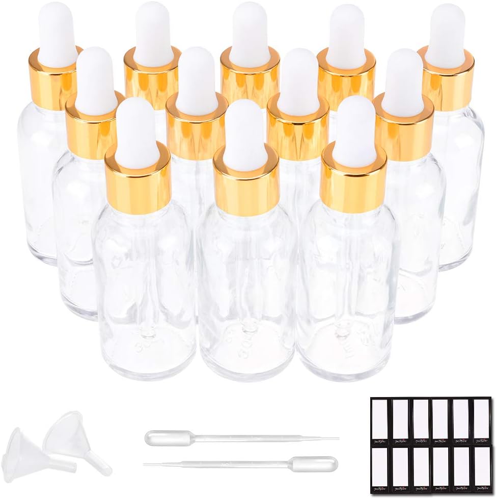 Glass Eye Dropper Bottles - 24 Pack 0.5oz Amber Leakproof Bottles with Golden Caps | Perfect for Essential Oils, Tinctures, Travel