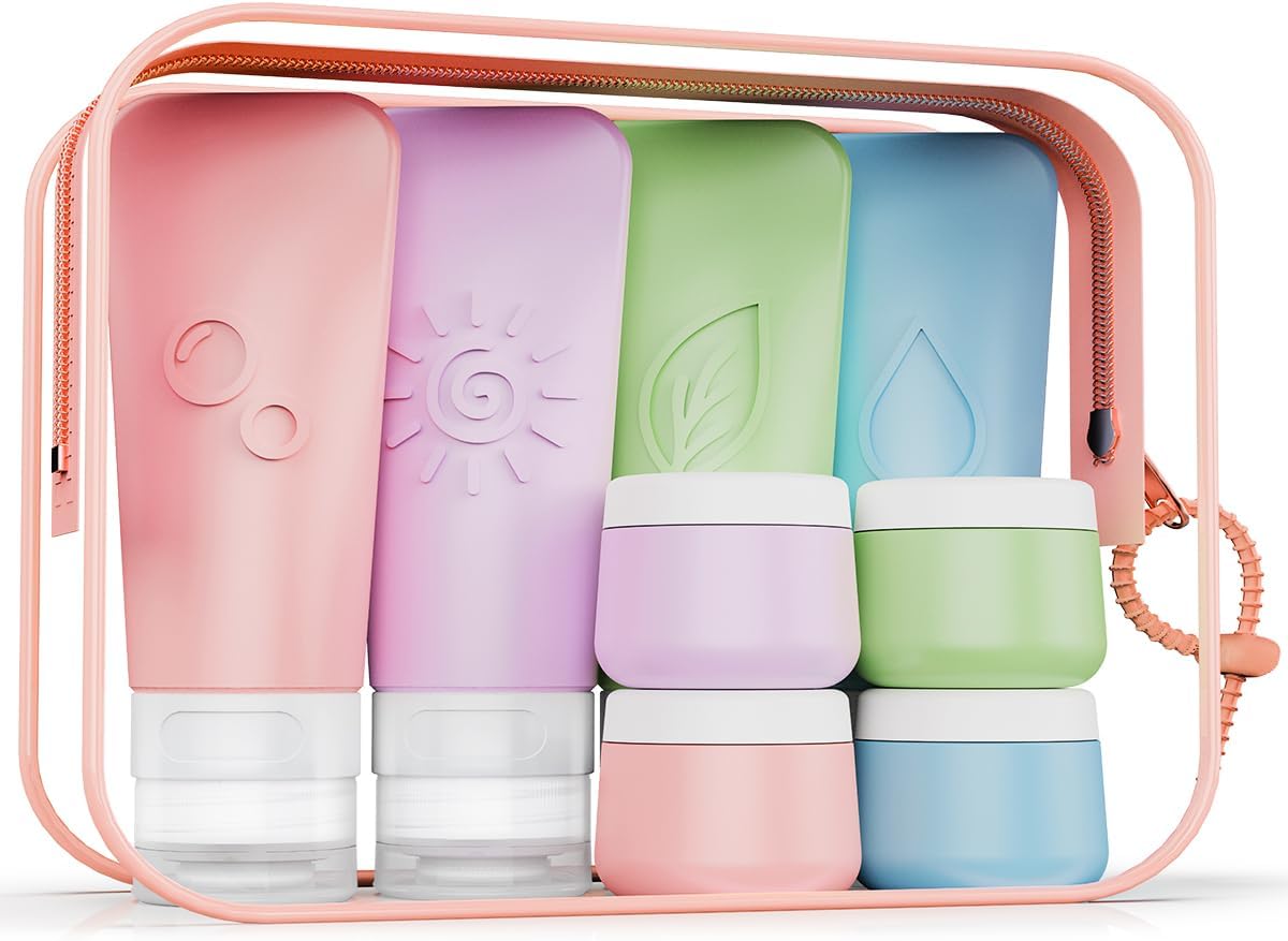 Silicone Travel Bottles Set - TSA Approved Leakproof Toiletry Kit with Easy-Squeeze Design | 16-Piece Waterproof Bag Included