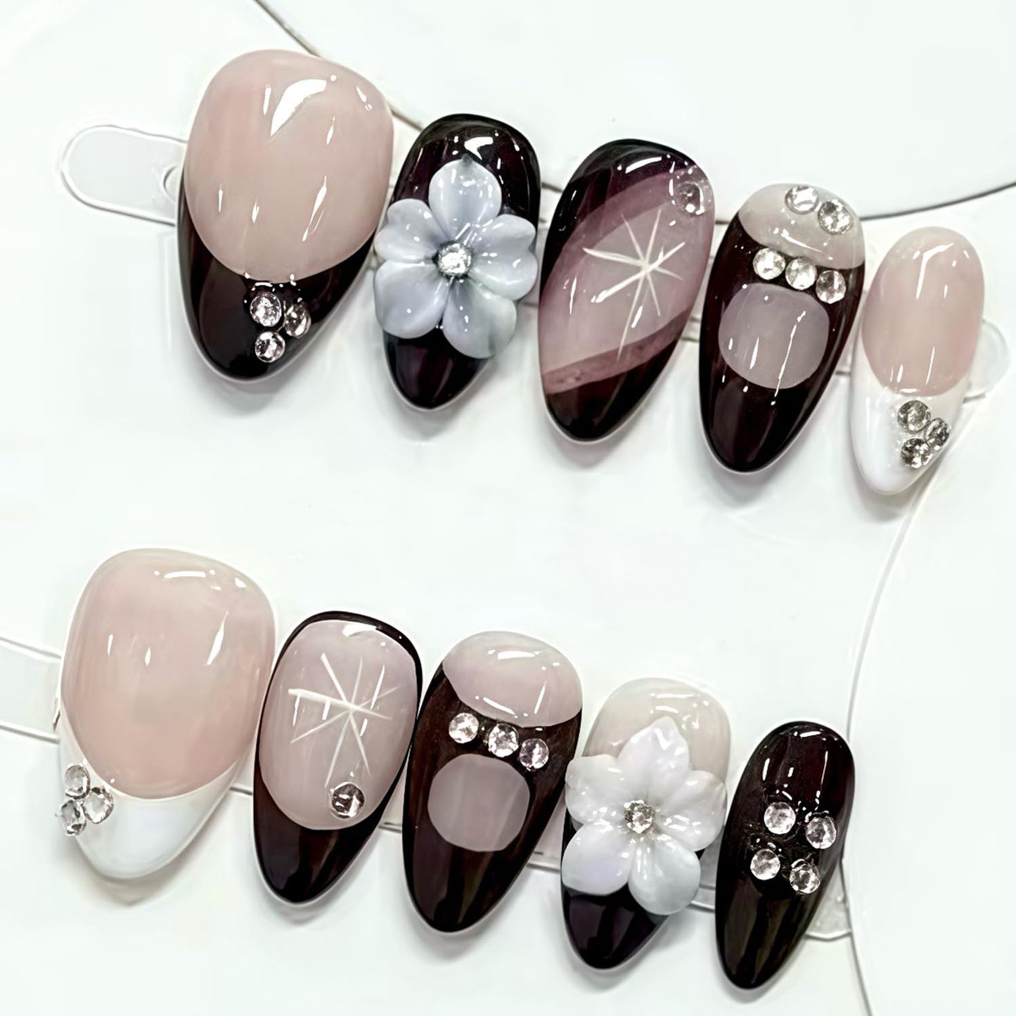 Almond Press On Nails - 30Pcs Medium Fake Nails with 3D Floral Art | Red French Gradient Acrylic for Women