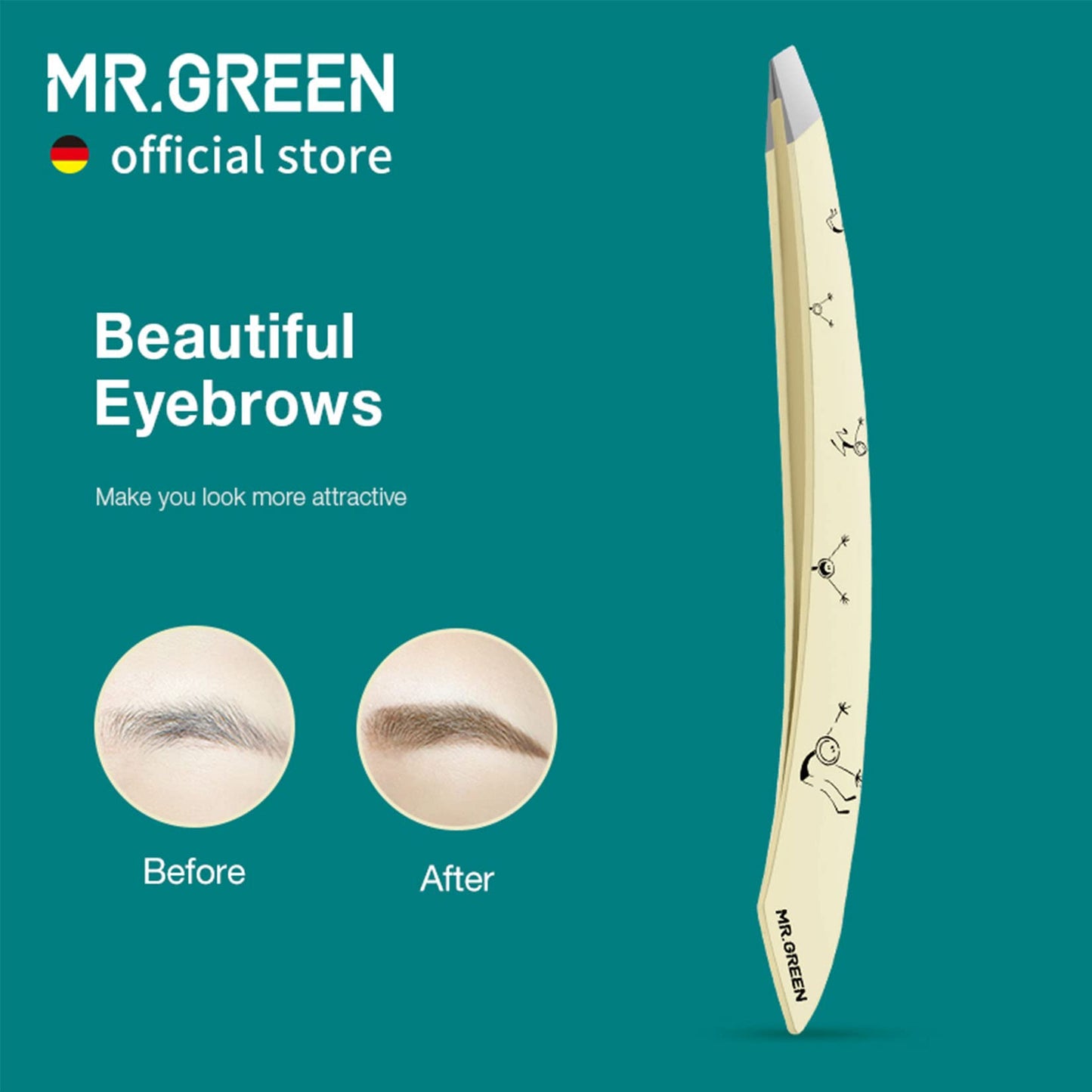 MR.GREEN Curve Handle Eyebrows Tweezers Professional Fine Hairs Removal Puller Makeup Tools Stainless Steel Beauty Clips Removal (Light Yellow)