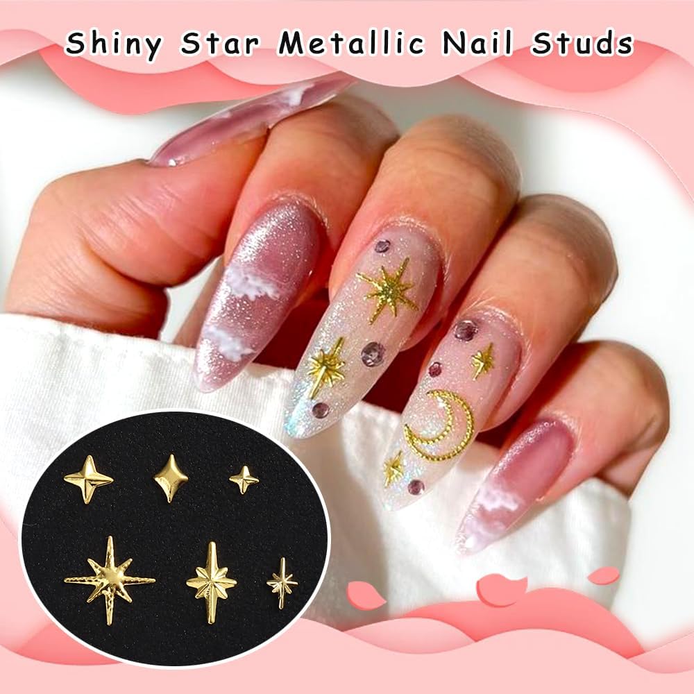 3D Star Nail Art Charms - Gold Metallic Studs & Rhinestones | Mixed Styles for DIY Manicure Supplies