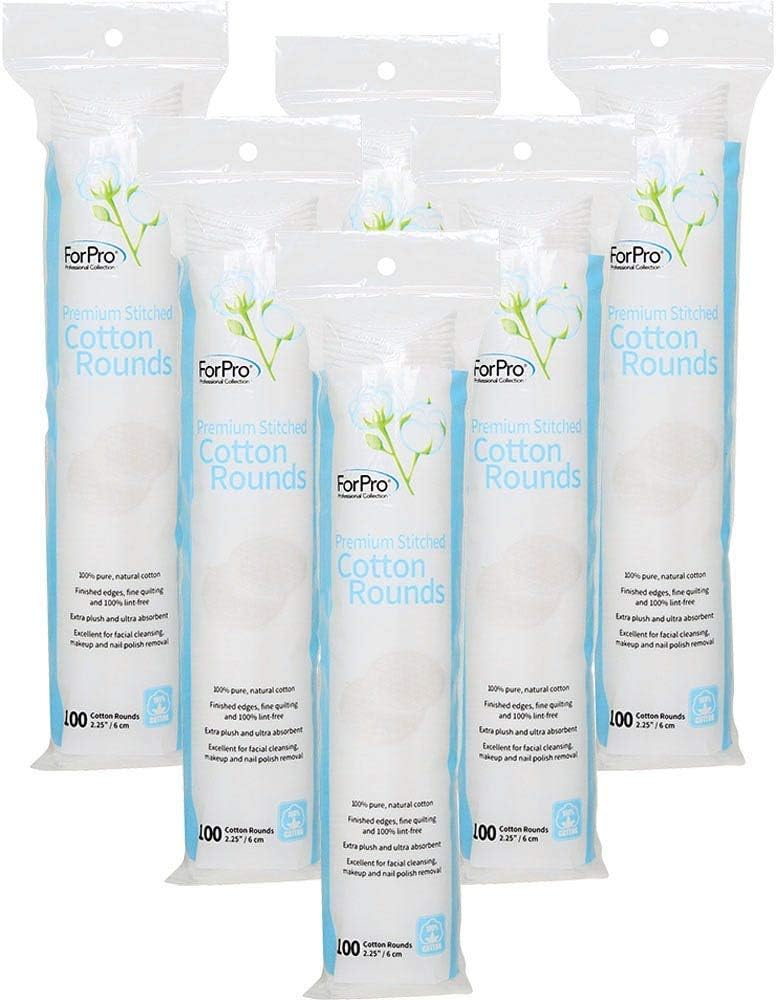 ForPro Premium Cotton Rounds - 100% Pure Stitched Cotton Pads for Makeup Removal | Pack of 6 (600 Count)