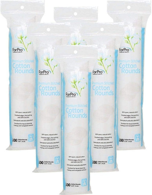 ForPro Premium Cotton Rounds - 100% Pure Stitched Cotton Pads for Makeup Removal | Pack of 6 (600 Count)