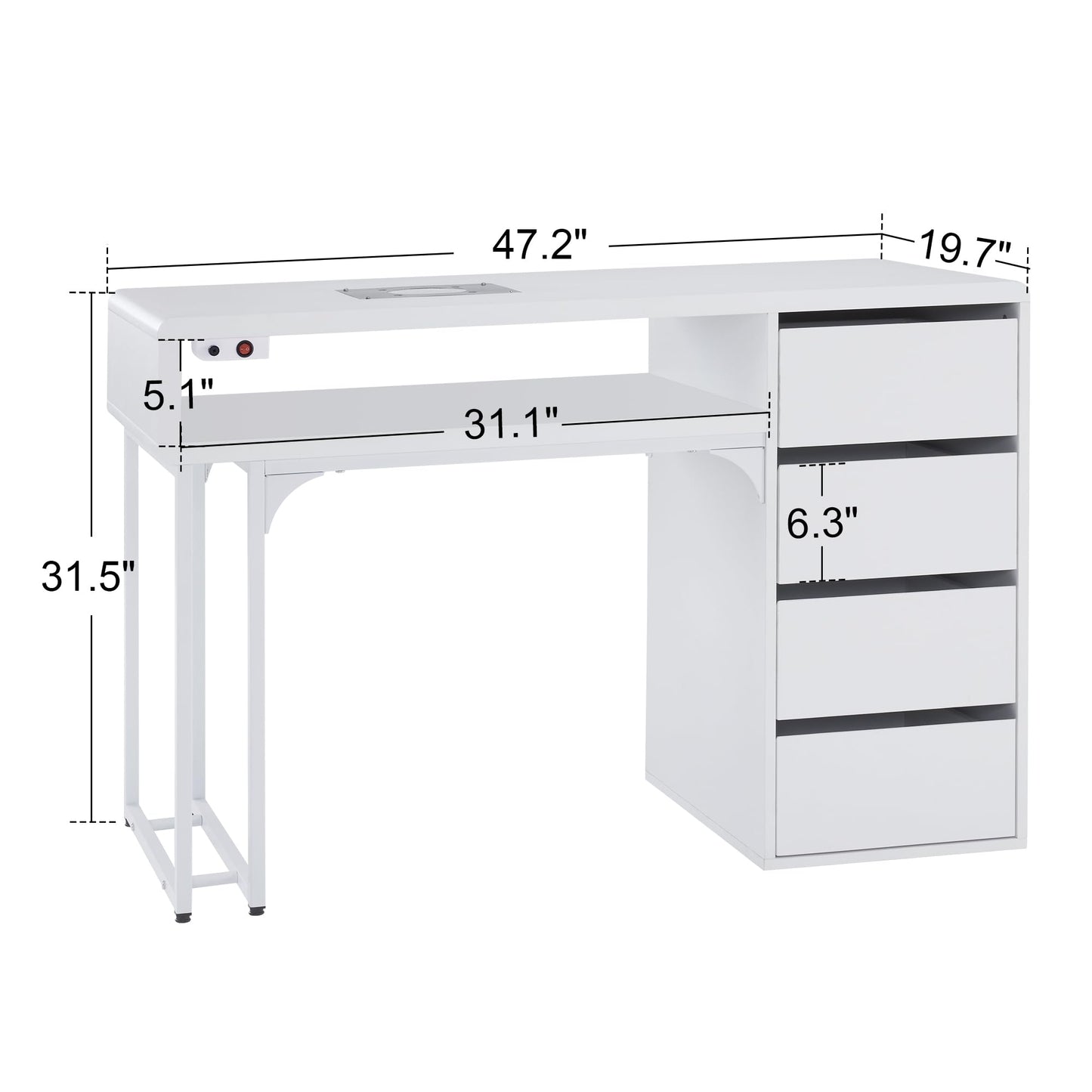BarberPub Manicure Storage Desk with 60W Embedded Nail Vacuum Cleaner, Square-Shape Nail Dust Collector Manicure Workstation, Professional Beauty Salon Equipment VC229 (White)