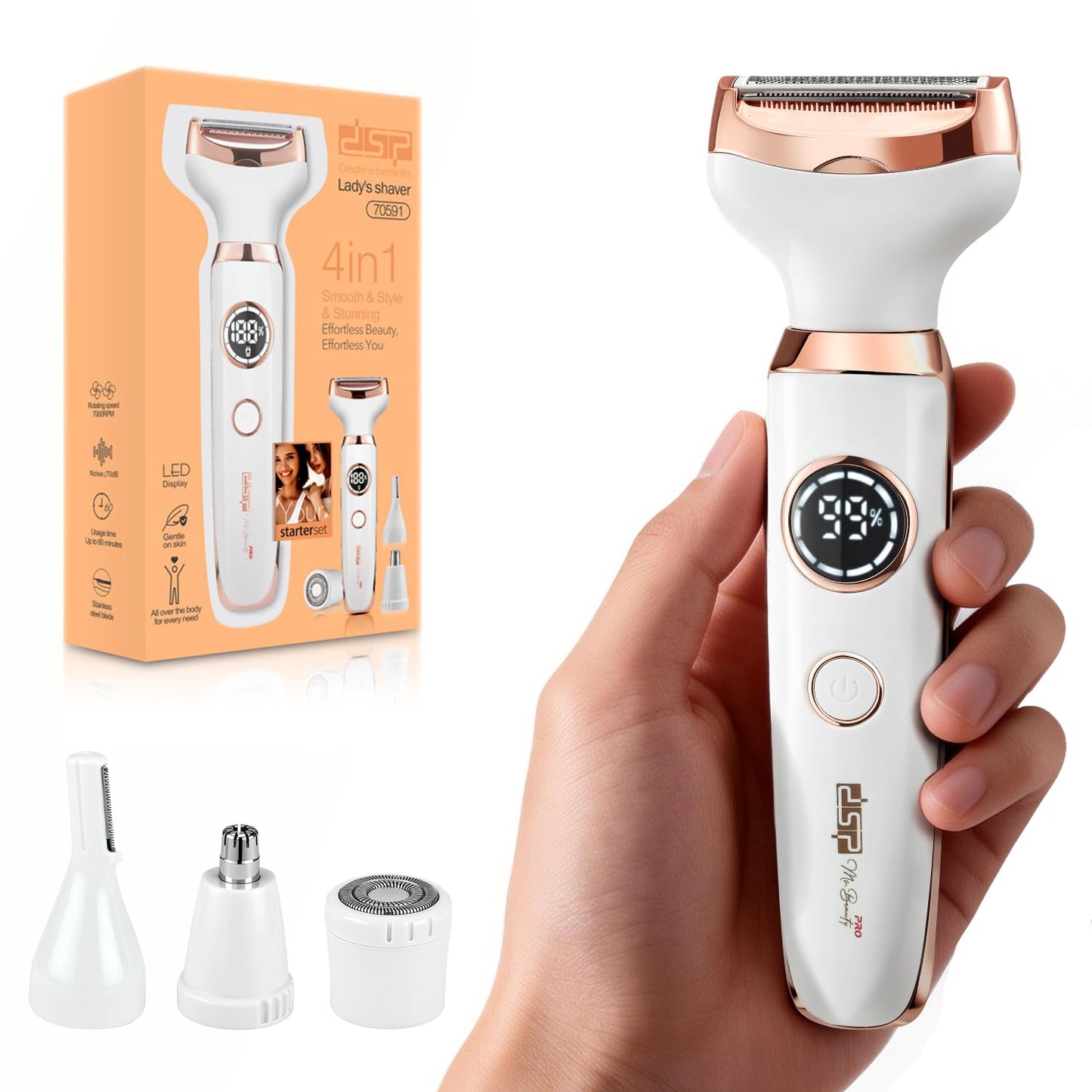 DSP 4 in 1 Electric Razor for Women, Rechargeable Ladies Shaver with LED Display & Fast Charging, Electric Trimmer for Face Body Legs Bikini, Portable Grooming Kit for Family