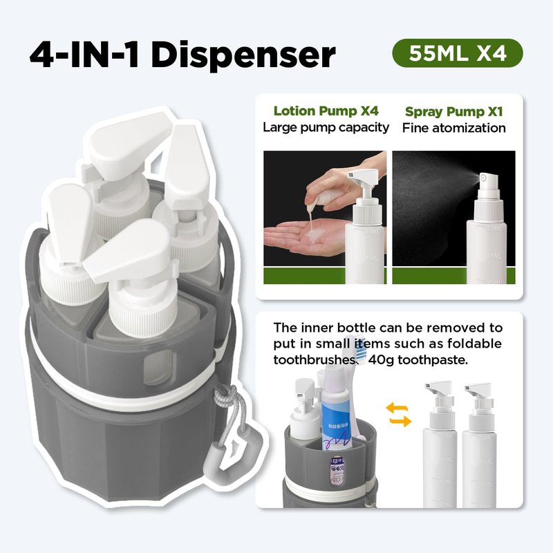 Travel Bottles for Toiletries - TSA Approved Shampoo & Conditioner Set with Suction Cups | Gray