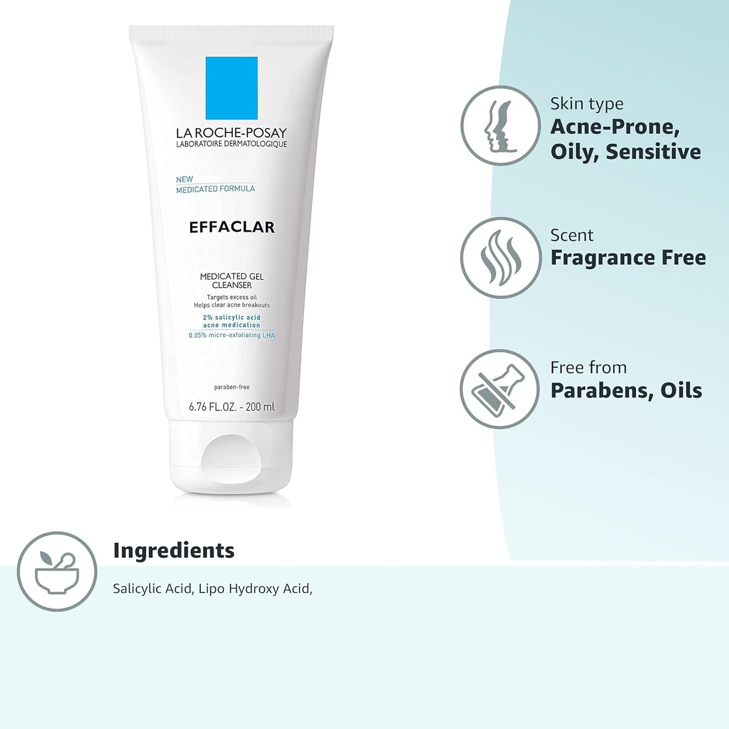 La Roche-Posay Effaclar Medicated Gel Cleanser - 2% Salicylic Acid Foaming Acne Wash | Oil-Free, Targets Excess Oil