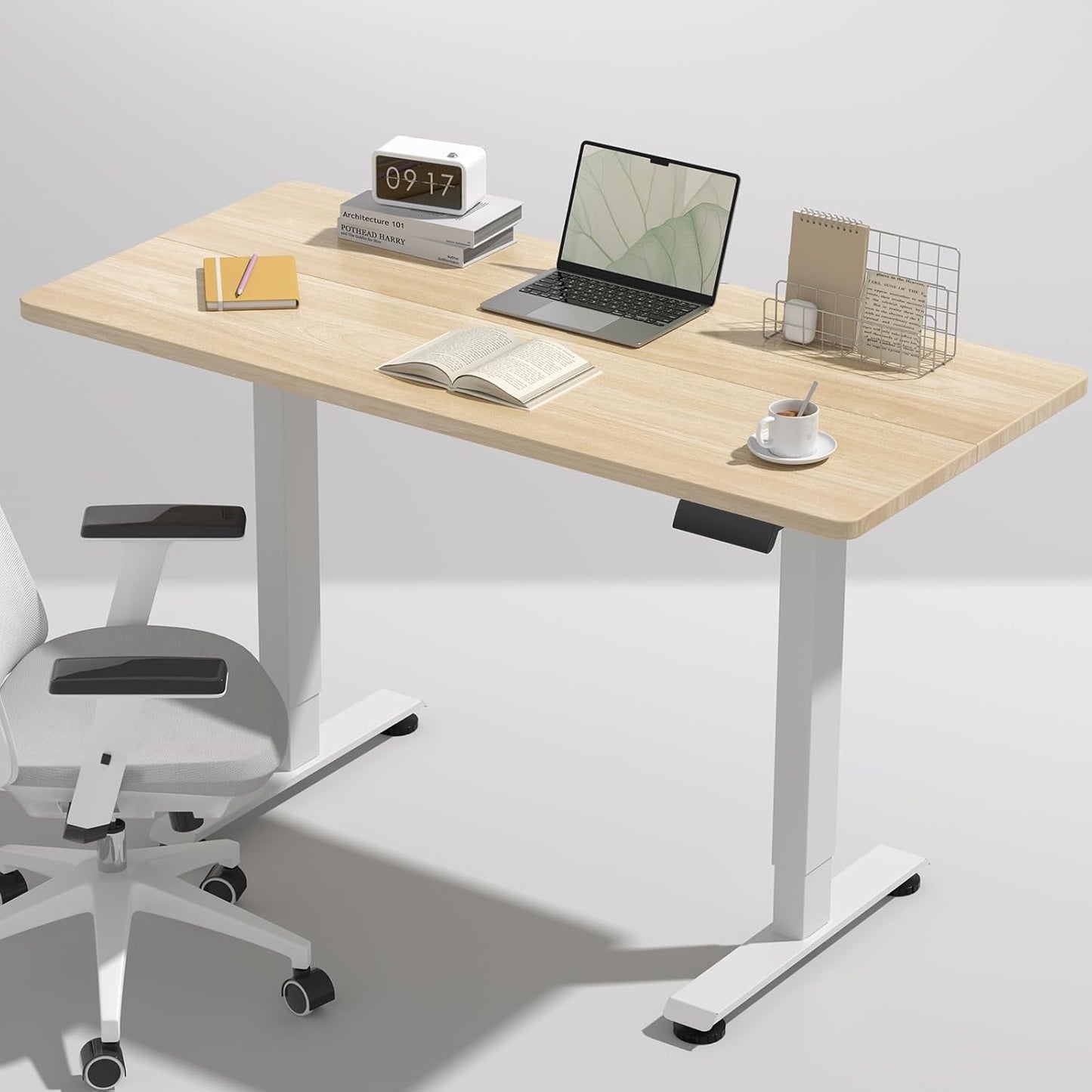 Veken Electric Standing Desk - 55 Inch Height Adjustable Home Office Table | White Wooden Desktop for Work & Study