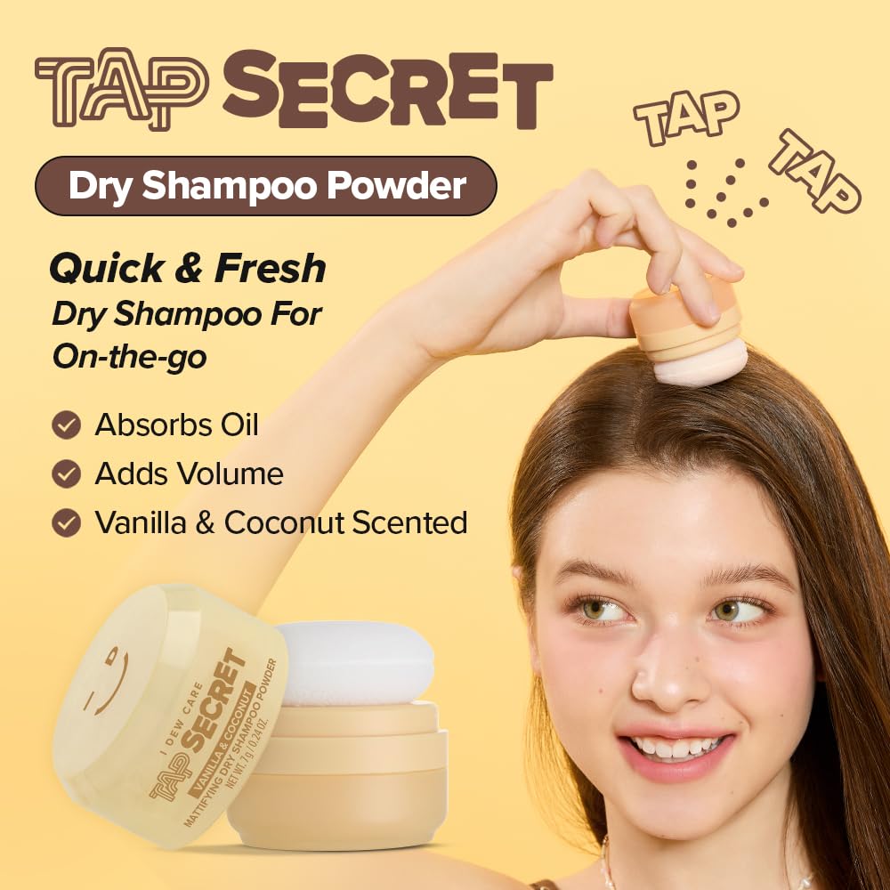I DEW CARE Tap Secret Dry Shampoo Powder with Biotin & Korean Ginseng - Natural Non-Aerosol Dry Shampoo for Women | Warm Vanilla & Coconut Scent, Volumizing Hair, Travel Size, Stocking Stuffers 0.24Oz