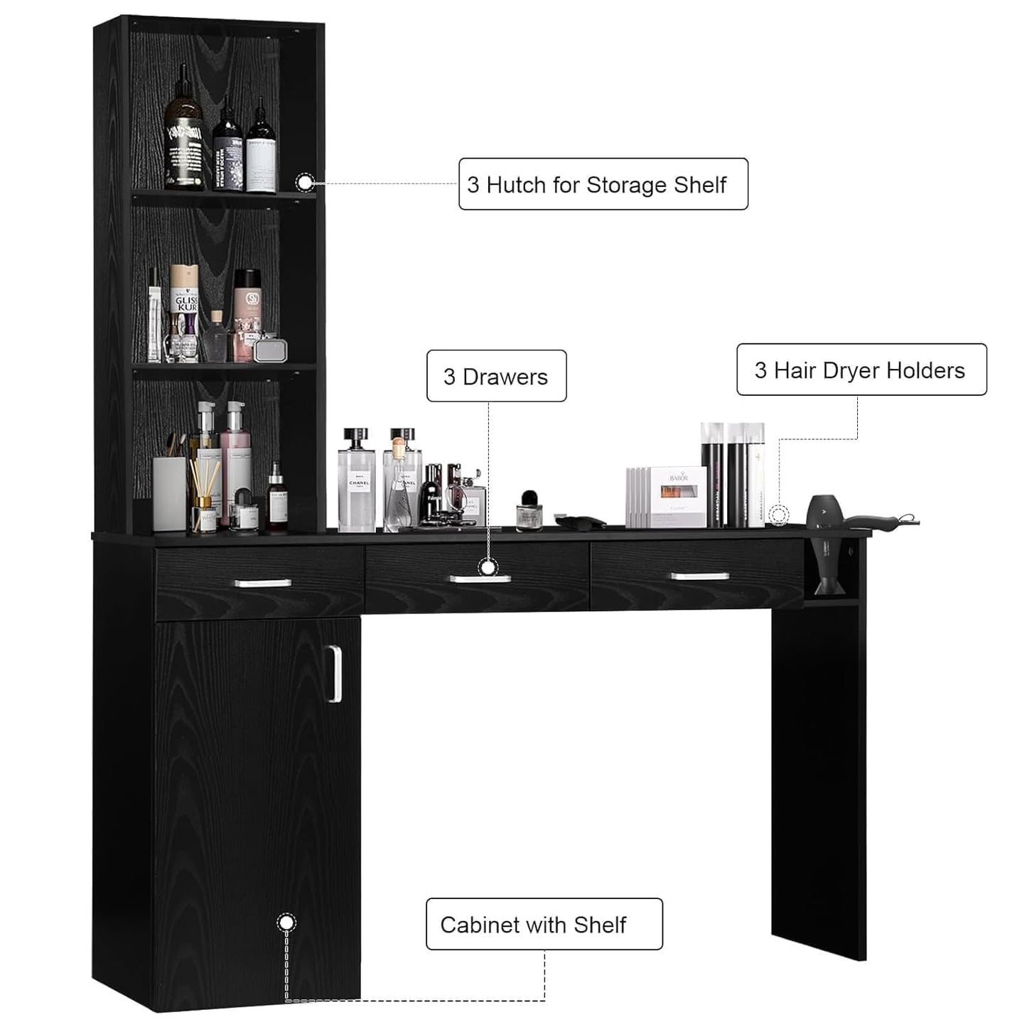 4ever2buy Salon Stations for Hair Stylist, Black Barber Hair Salon Station, 3 Hair Dryer Holder, 3 Drawers and 1 Cabinet, Mirror not Included, Black