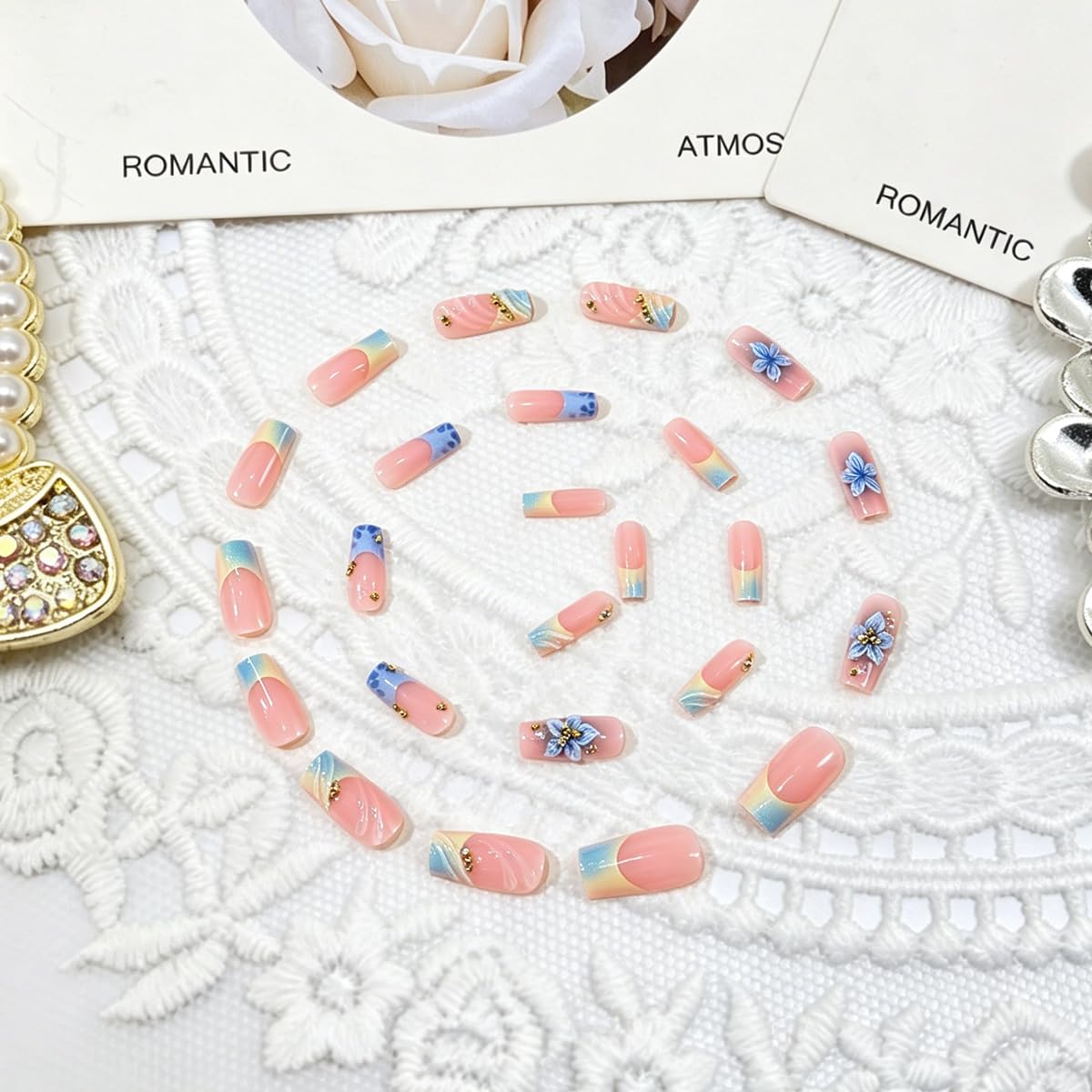 Blue French Tip Press On Nails Medium Square Fake Nails with Gold Pearl & Rhinestones Designs 3D Flower Artificial Nails Full Cover Reusable Glue On Nails Summer Acrylic False Nails for Women 24Pcs