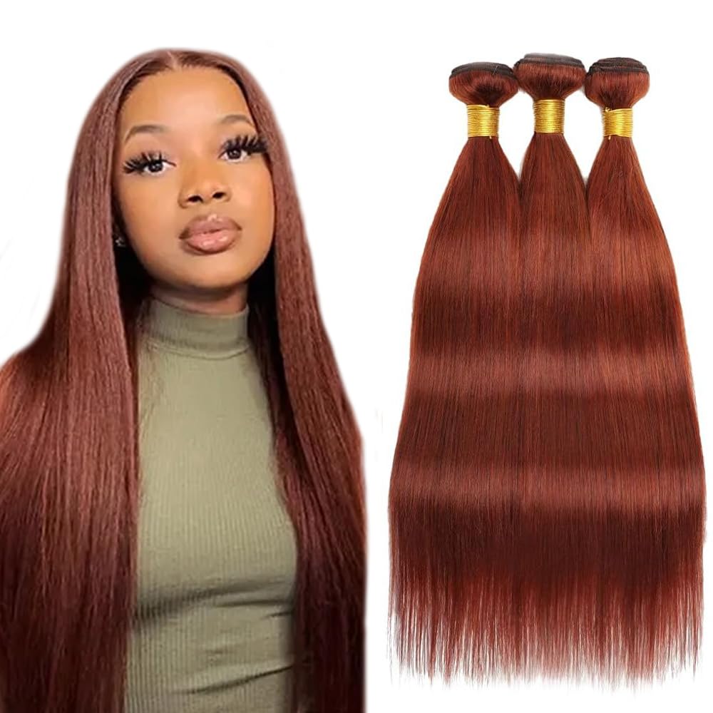 Copper Brown Bundles Human Hair Auburn Straight Bundle Huxowax Brazilian Virgin Remy Hair 3 Bundles 16 18 20 Inch Double Weft Reddish Brown Straight Bundle Hair Weave #33 Color 300g
