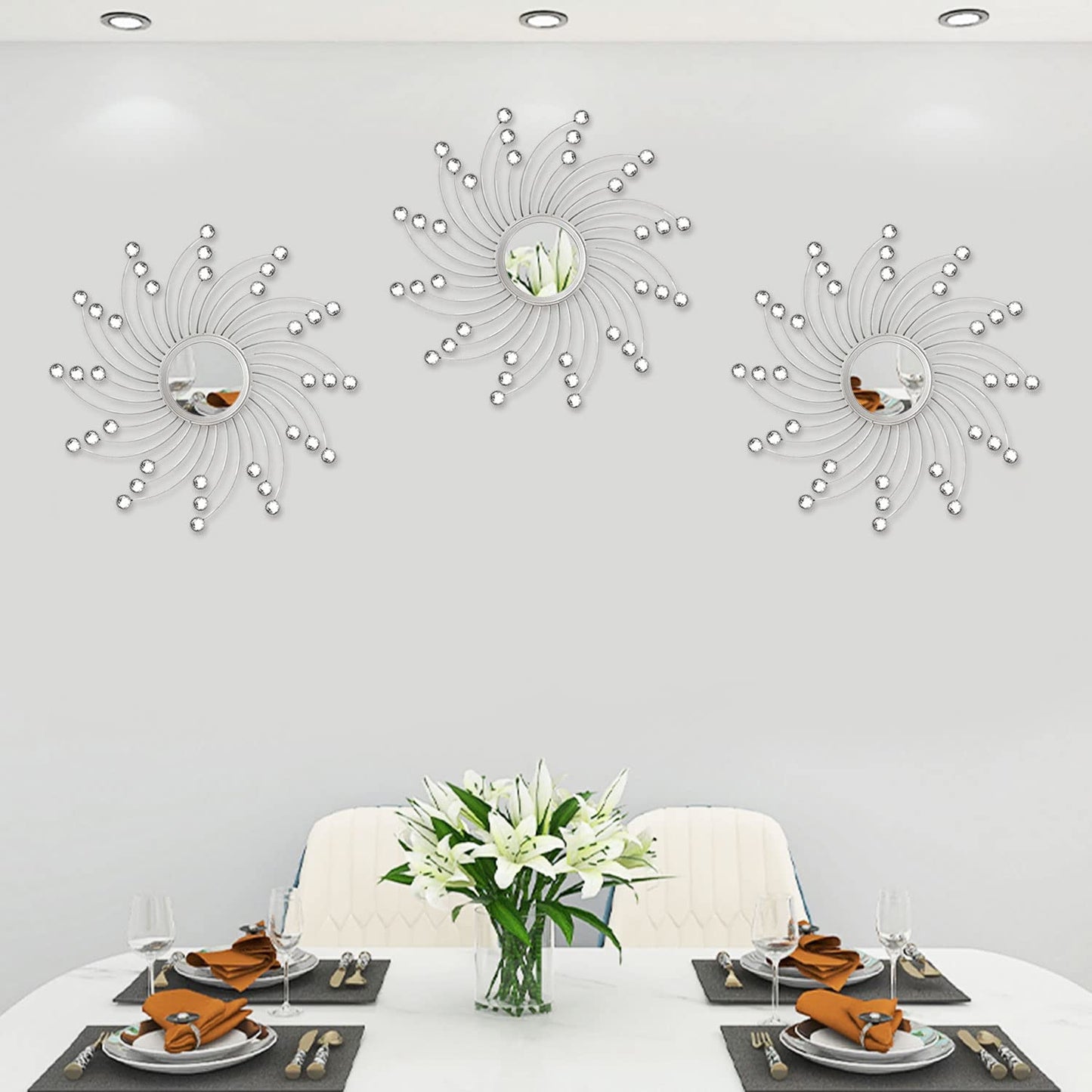 Uaussi 3 Pack Crystal Sunburst Wall Mirror Décor Rhinestone Mirrors Decorative Home Wall Art for Living Room Bedroom Entryway(Curle Burst Silver)