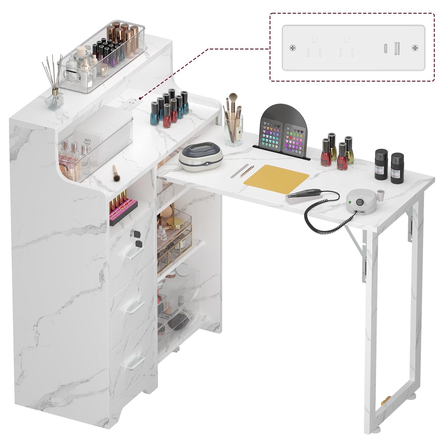 DUDUSHIMAN Foldable Nail Desk for Nail Tech, L Shape Manicure Table with Cabinet Drawer & Built-in Charging Station, Portable Nail Table for Beauty Salon Workstation (Marble)