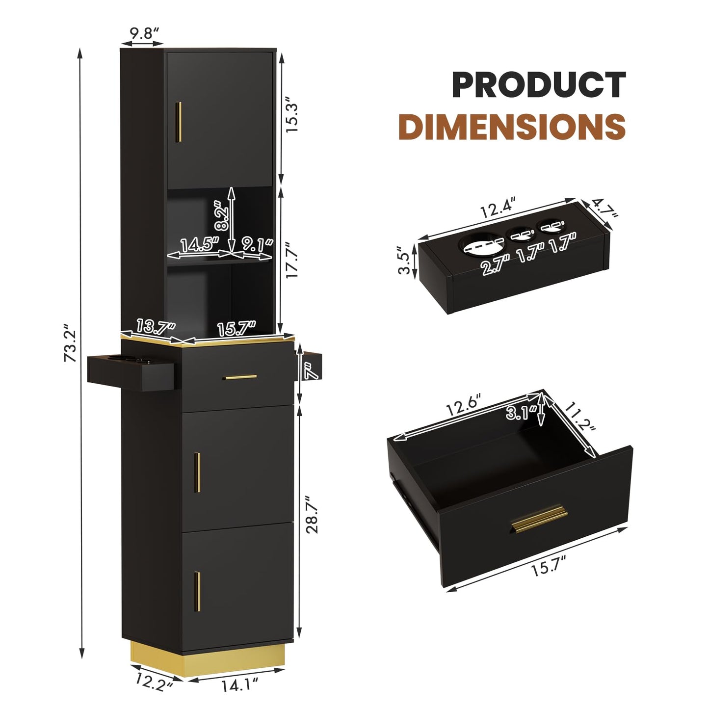Oakvera Tall Hair Salon Station for Hair Stylist with Storage (Black)