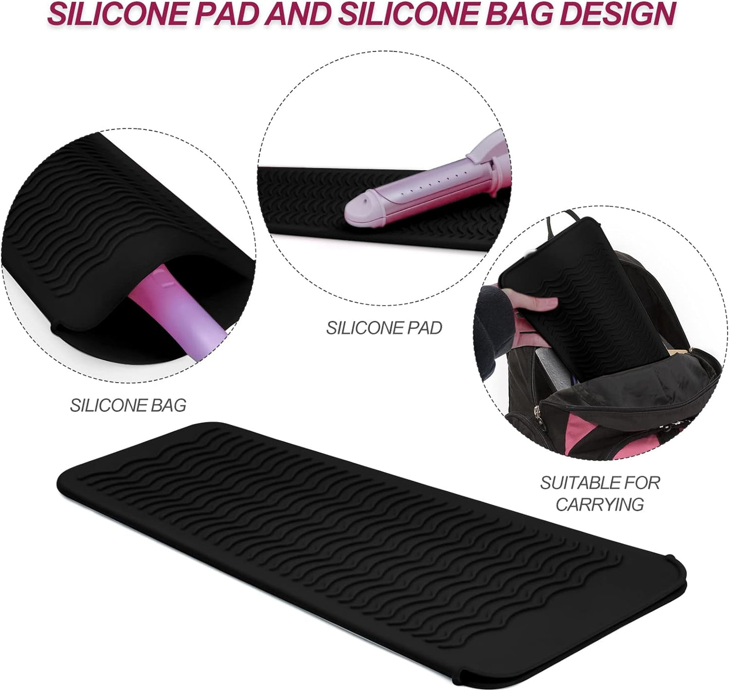 Silicone Heat Resistant Mat for Hair Tools - Pouch for Curling Iron & Straightener | Black