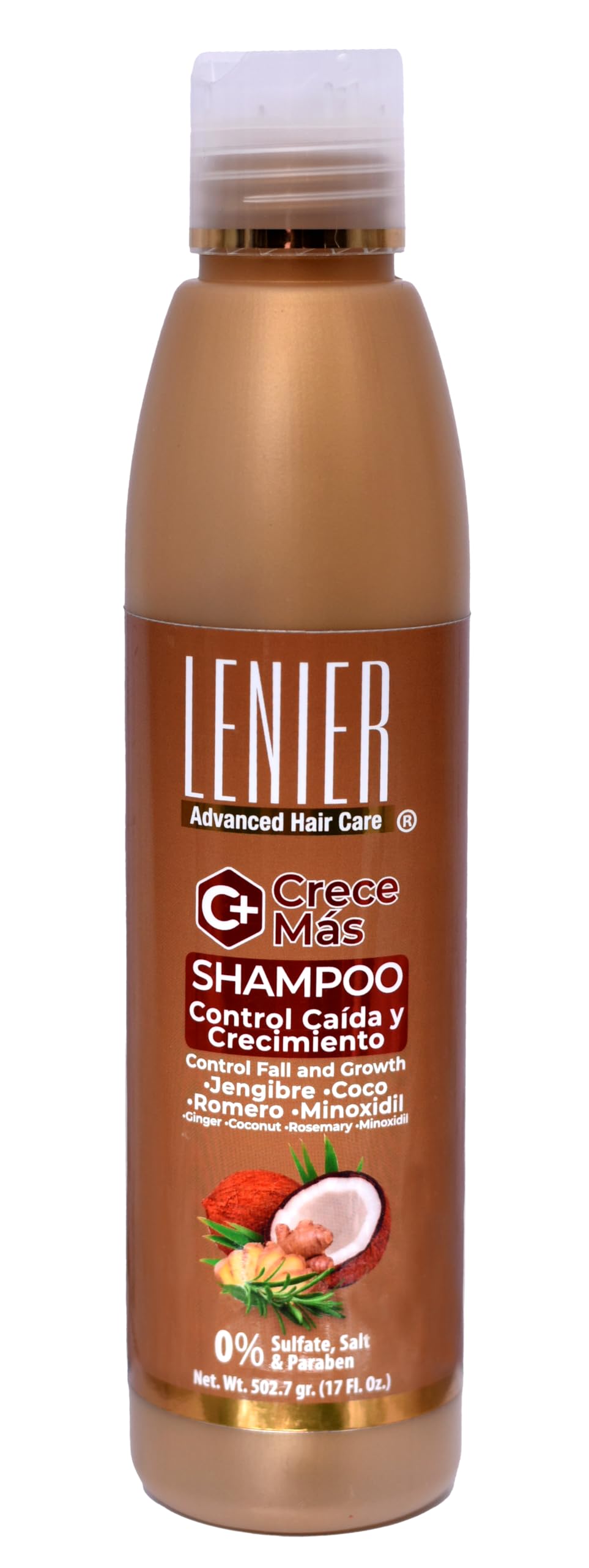 Lenier Shampoo Crece Más – Promotes Hair Growth & Control Fall | With Coconut Oil, Rosemary & Ginger | Clean & Refreshing | Sulfate-Free, Salt-Free, Paraben-Free 17 oz