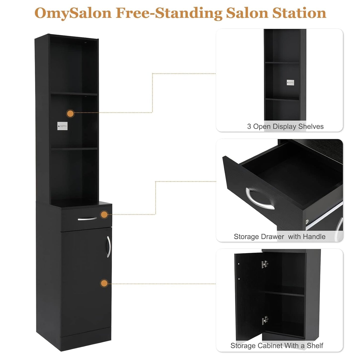Salon Station - Barber Hair Stylist Storage Cabinet with 5 Compartments & Drawer | Durable MDF, Black
