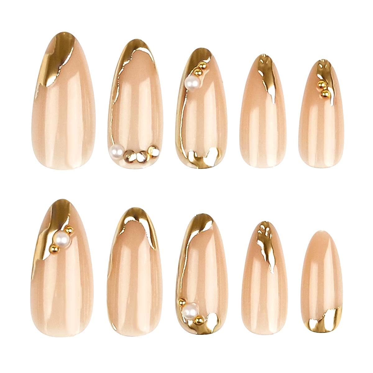 CTTHNBD Press on Nails Almond - French Tip Fake Nails with Gold Line Design - Medium Fasle Nails Press ons - for Women 24 Pcs