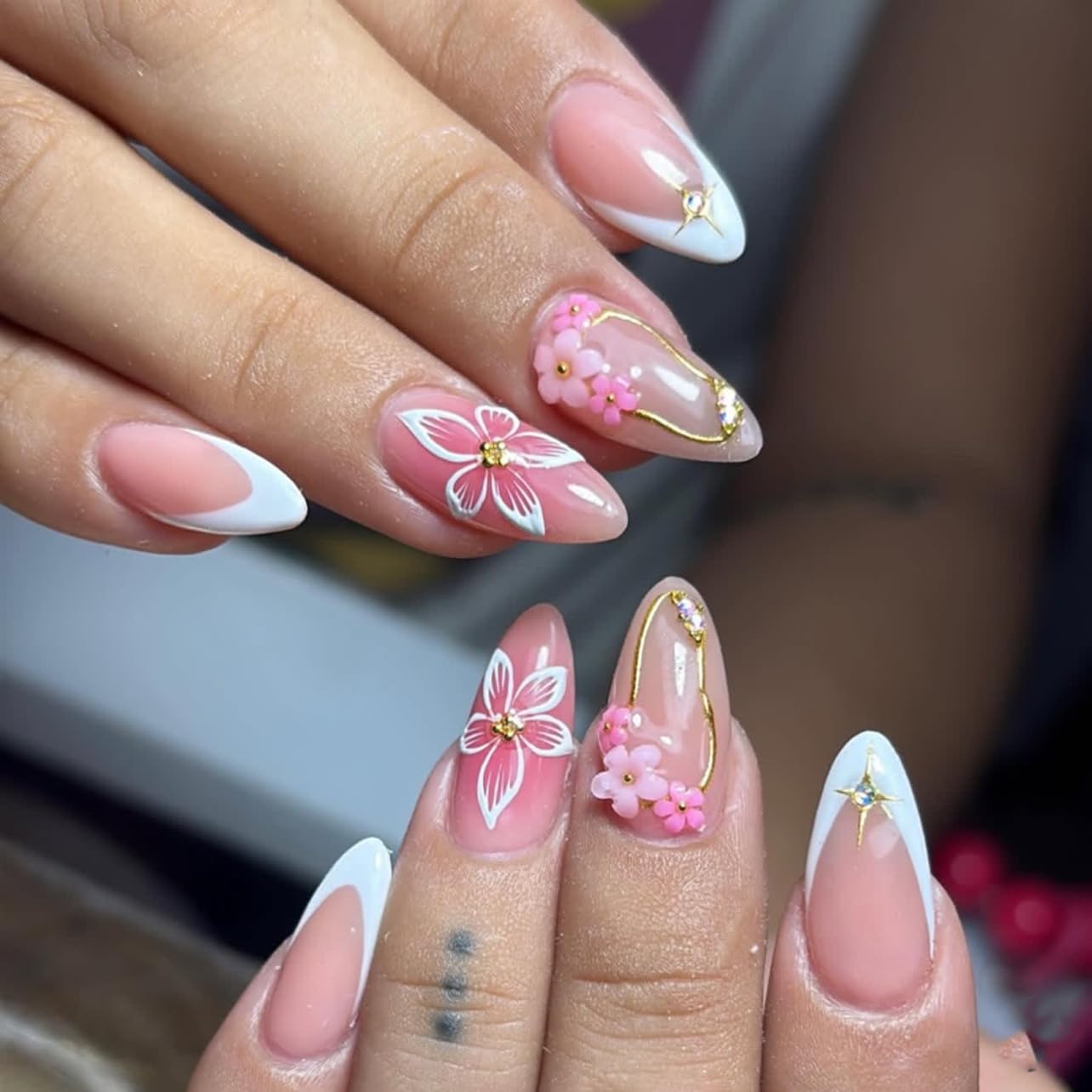 Almond Press-On Nails - Ombre Purple Floral Butterfly Design | 24 Full Cover Rhinestone False Nails for Women