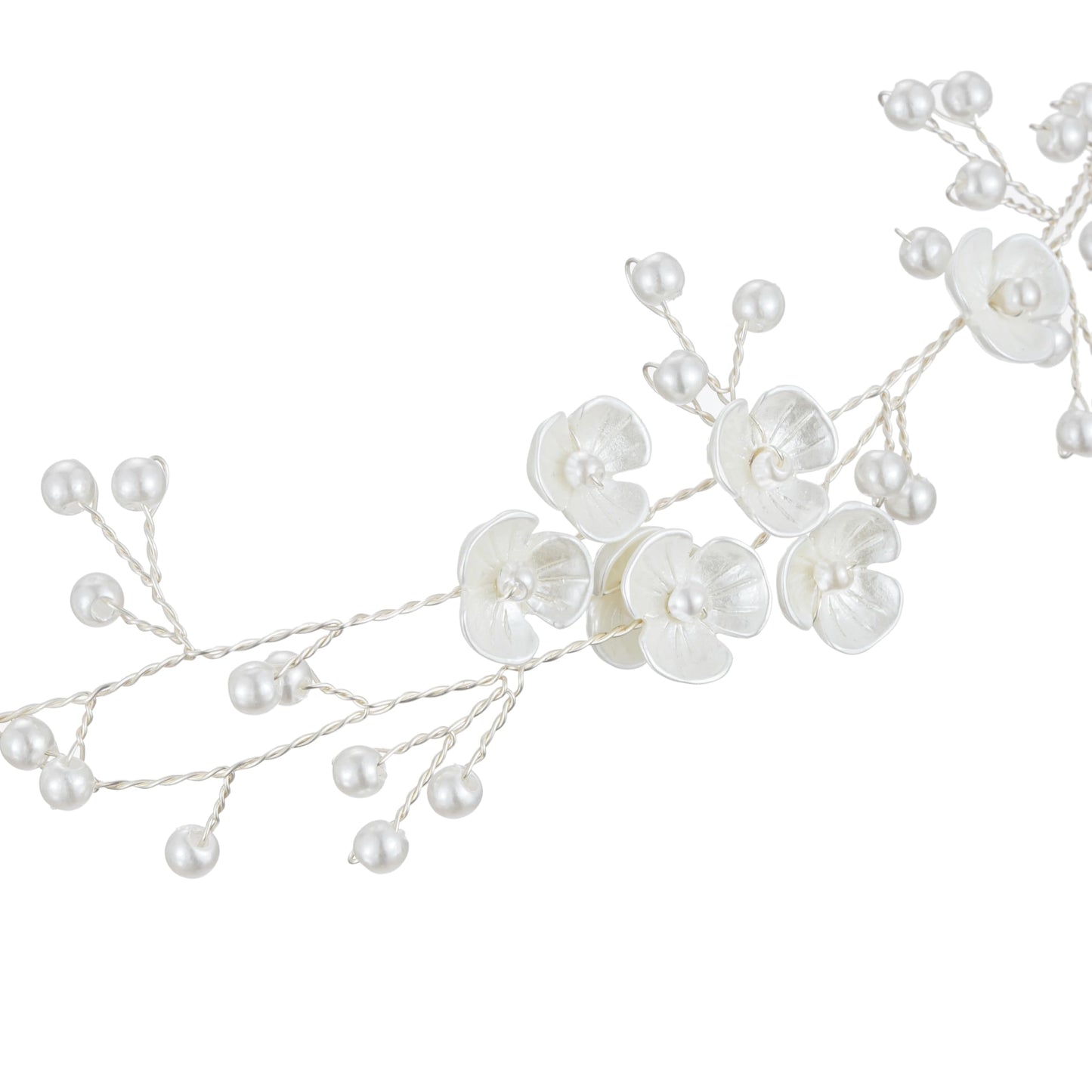 527&huan White Flowers Pearls Bridal Headband, Handmade Silver Wire Woven Wedding Hair Vine with Satin Ribbon, Lightweight Wedding Hair Accessory for Bride Flower Girl Bridesmaid Prom Pageant