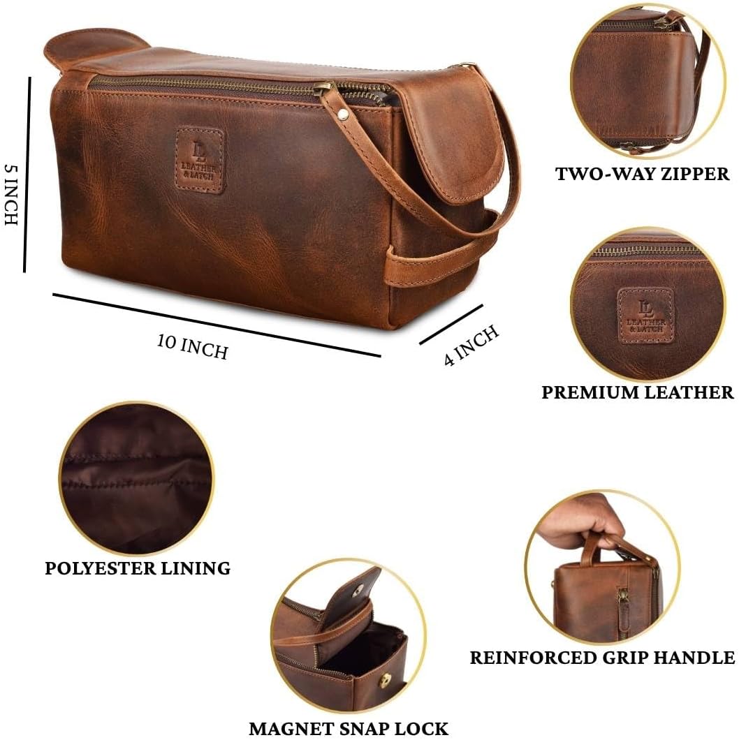 Full Grain Leather Toiletry Kit - Water-Resistant Travel Organizer for Men & Women | Rustic Brown Grooming Case