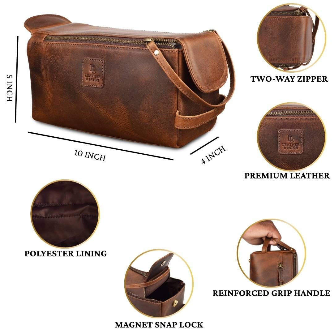 Full Grain Leather Toiletry Kit for Men & Women – Travel Toiletries & Shaving Bag Organizer, Water-Resistant Grooming Case for Bathroom, Makeup & Cosmetic Storage - Rustic Brown