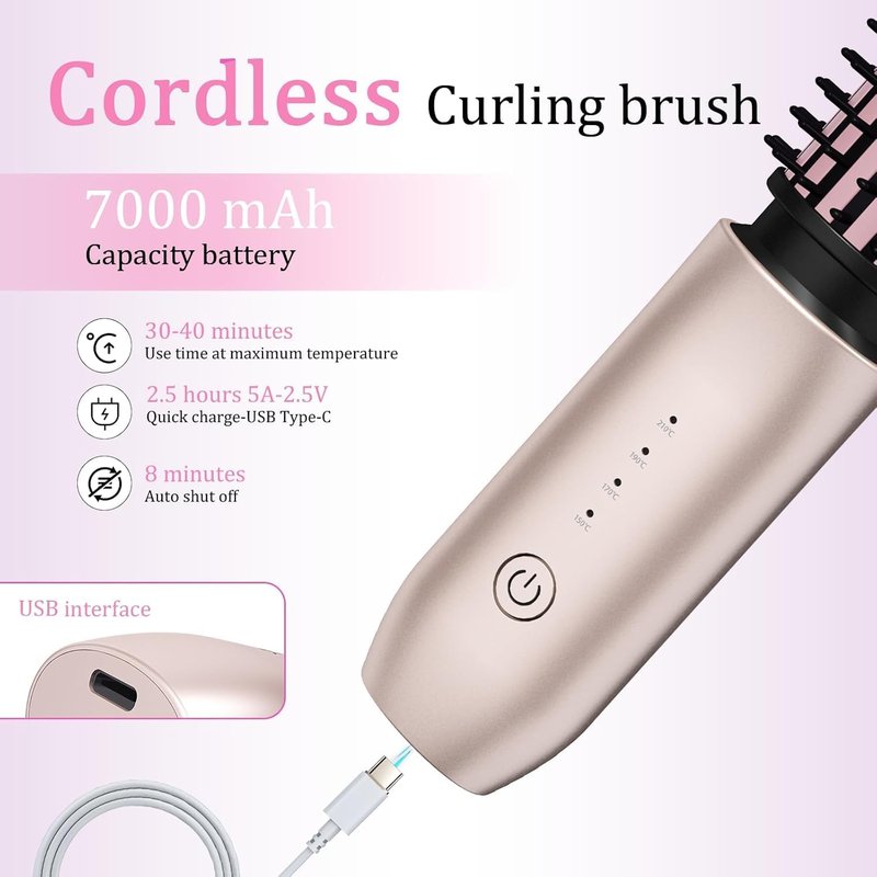 Cordless Hair Curling Iron Brush - 3-in-1 Portable Travel Curling Wand | Blush Pink, USB Rechargeable, 7000mAh