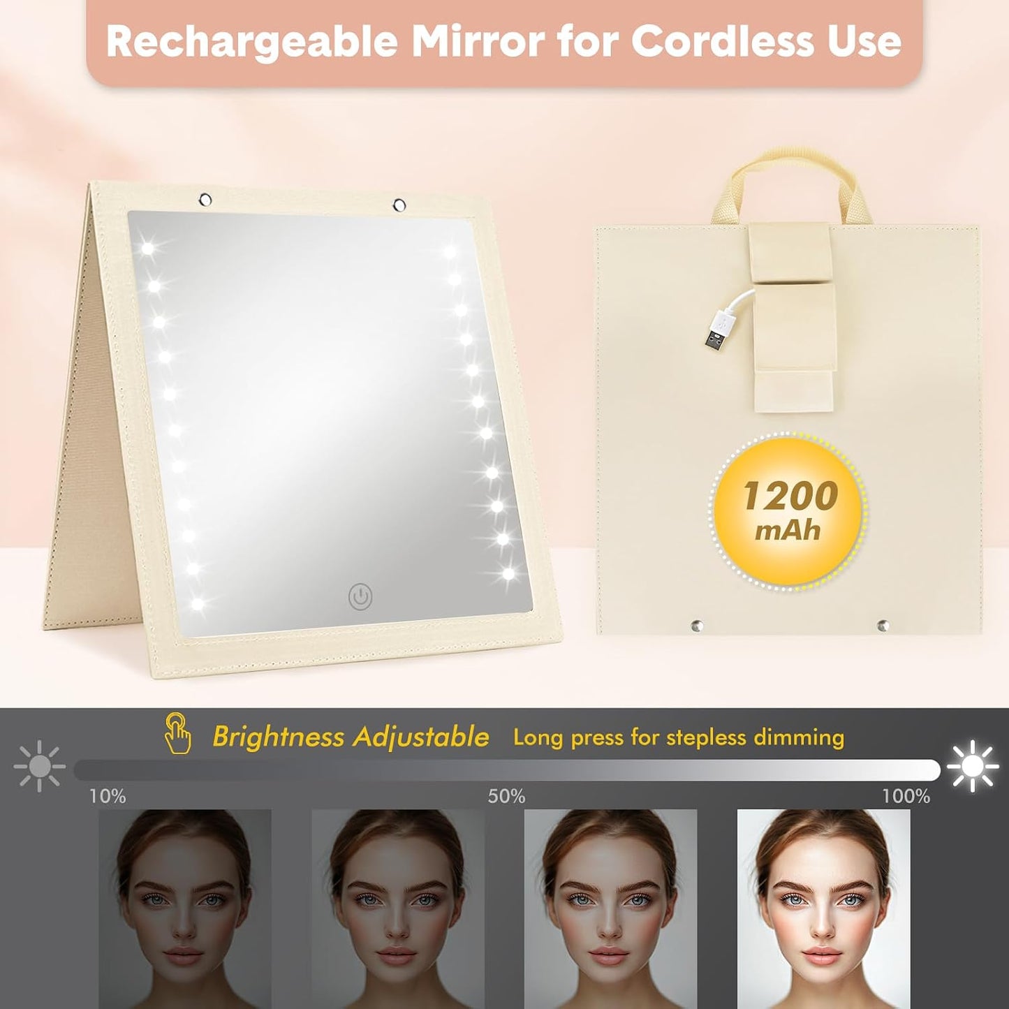Lighted Hanging Mirror - Rechargeable LED Full Length Mirror for Dancers | Portable & Adjustable Brightness, Beige