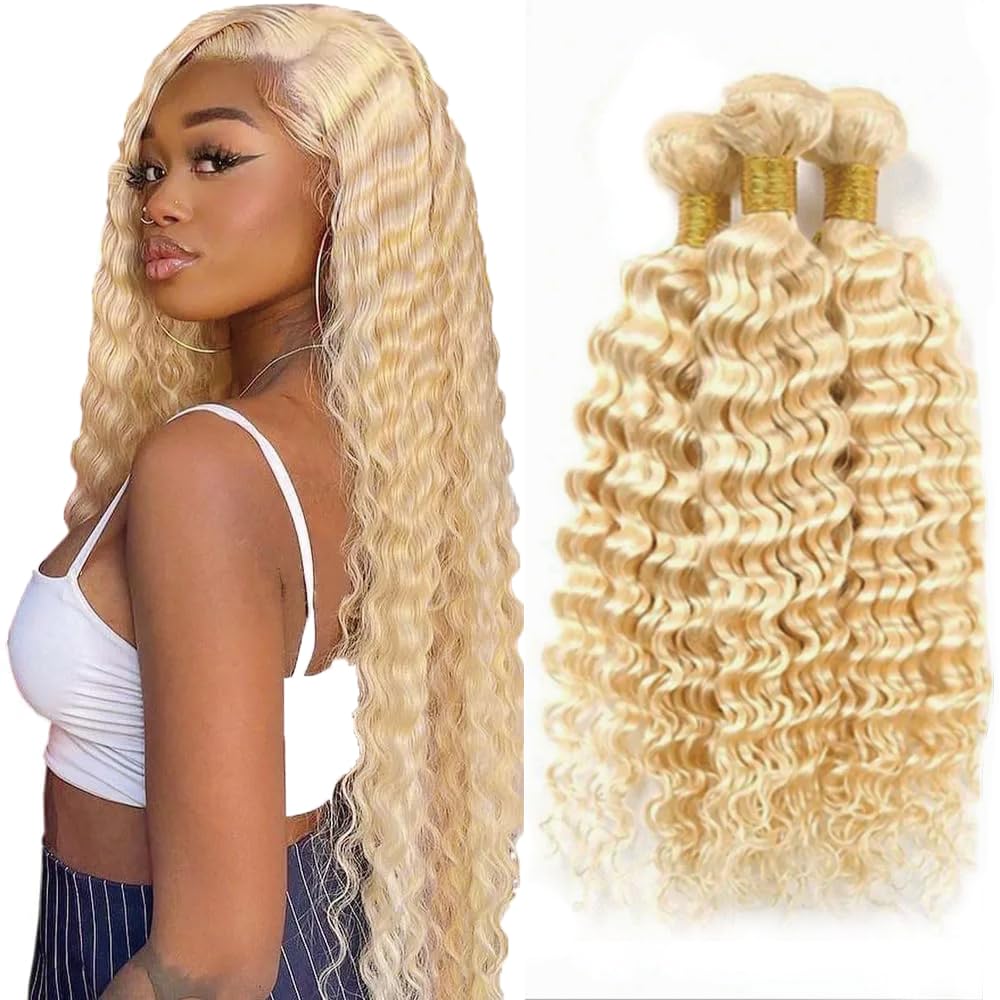 Freiuoke 613 Bundles Human Hair Deep Wave Blonde Human Hair Bundle 18 20 22 Inch Brazilian Unprocessed Virgin Remy Hair 3 Bundles