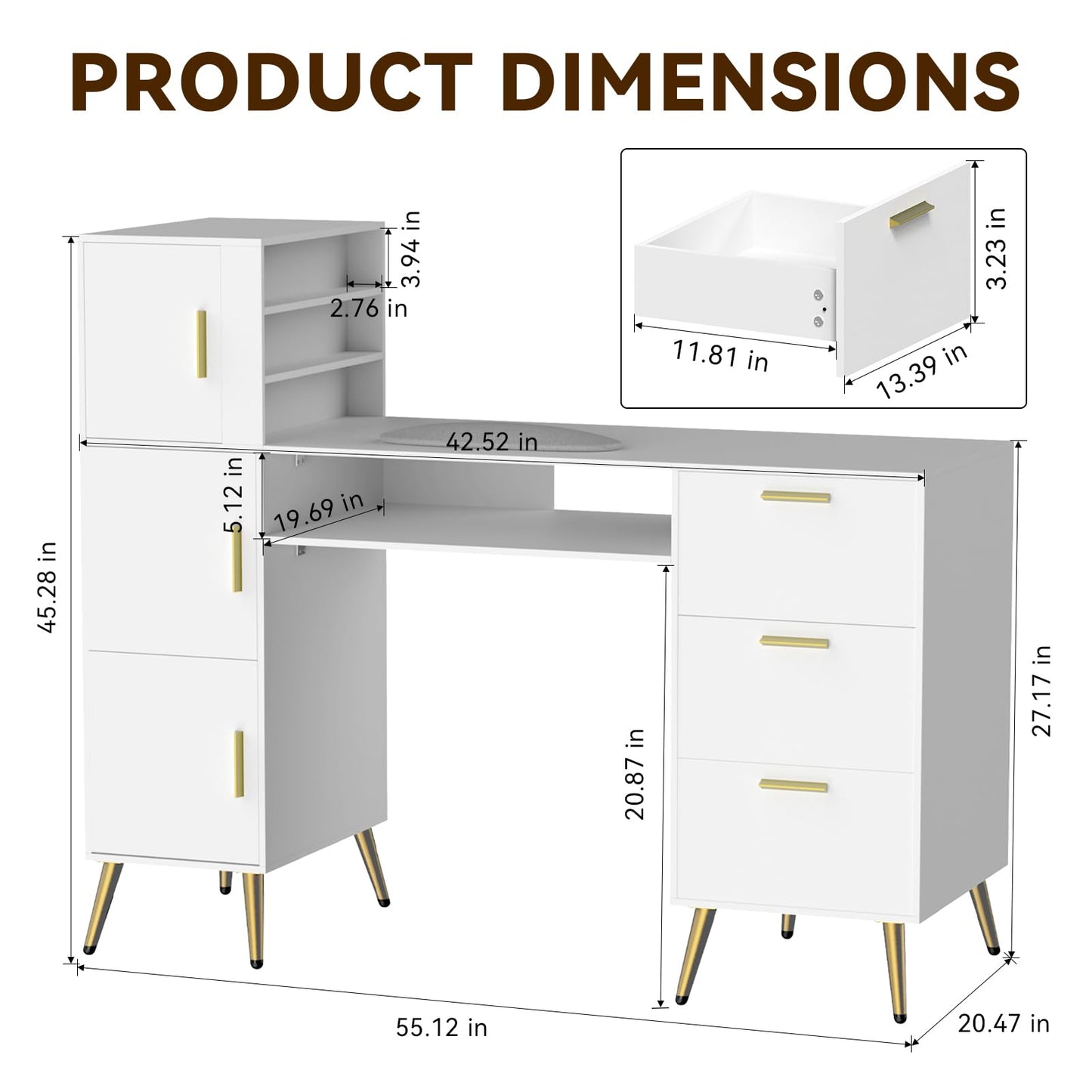 ARTETHYS Portable Nail Desk with Drawers White Manicure Table Nail Station with Shelves L-Shaped Salon Corner Nail Art Equipment for Nail Tech