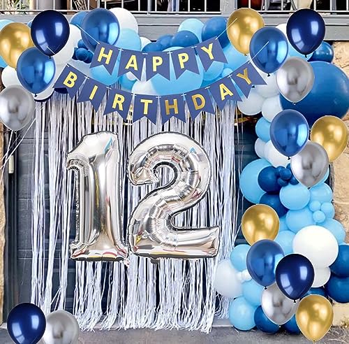 12th Birthday Party Supplies Kit - Blue & Metallic Balloons