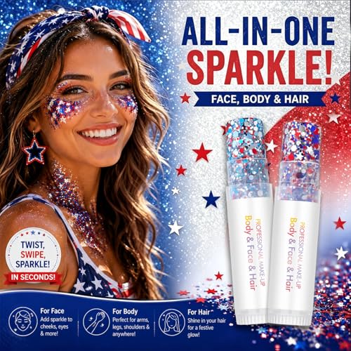 4th of July Body Glitter Stick (2PCS), Red White Blue Hair Glitter Stick, 250 Anniversary USA Merchandise, American Flag Makeup for Independence Day 250 Anniversary, Waterproof Face Glitter for Women