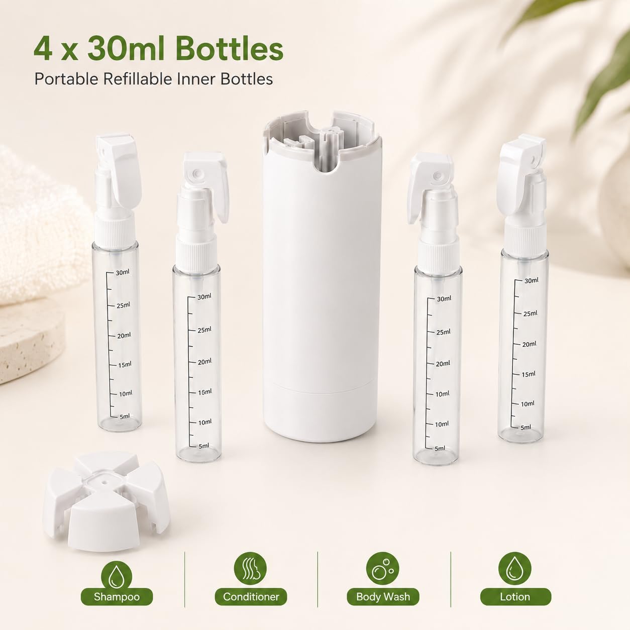 DIKJAK 4-in-1 Detachable Travel Dispenser Bottles Set Foldable Pump Leak-Proof, Carry-On Compliant 30ml/1OZ Refillable Containers for Shampoo Lotion Body Wash with Protective Case