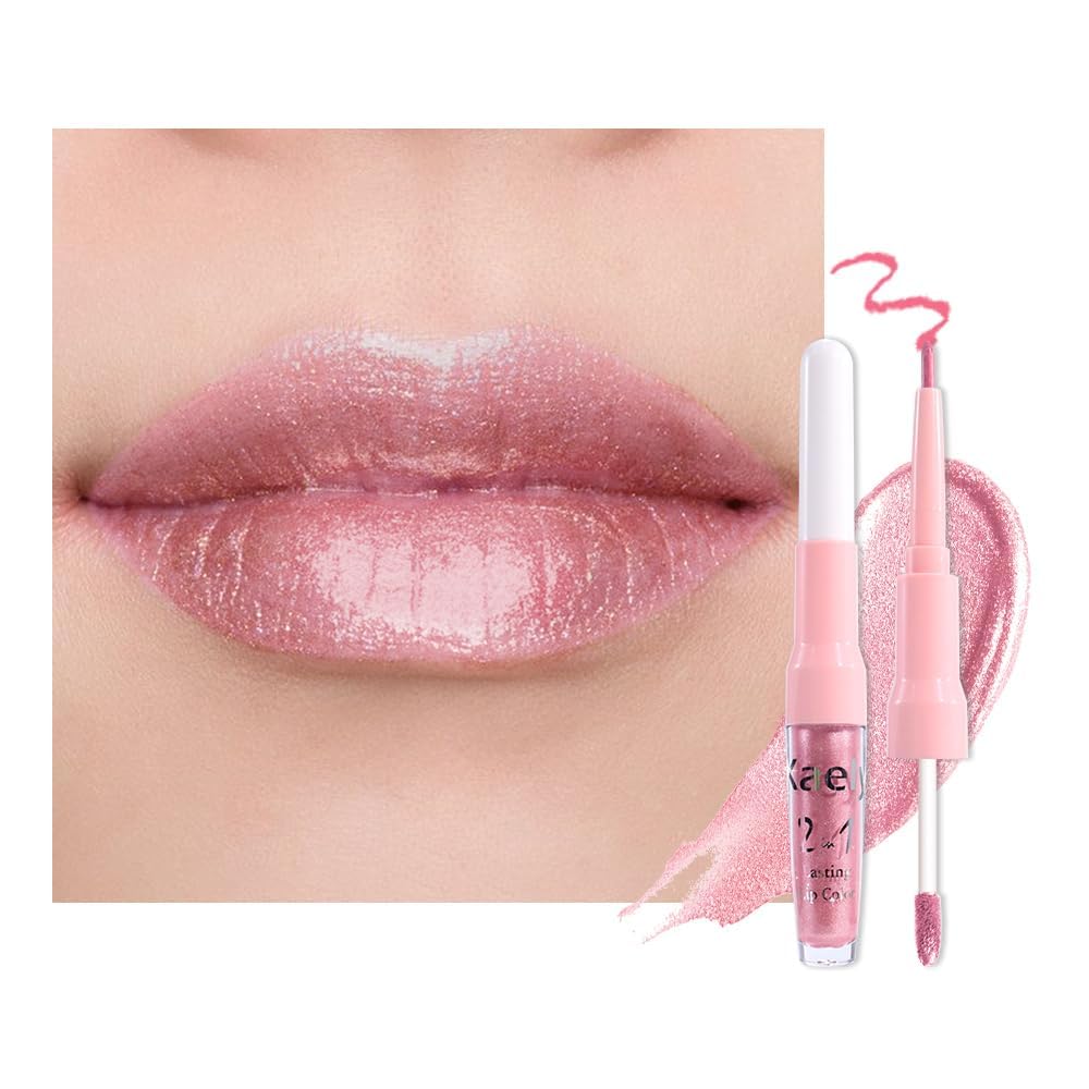 Dark Purple Red Metallic Glitter Lip Liner & Lipstick Combo - Long Lasting Waterproof Liquid Lipstick Set for Women | Iridescent Shine, Non-Stick Cup