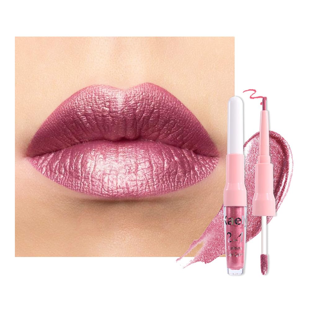 Dark Purple Red Metallic Glitter Lip Liner & Lipstick Combo - Long Lasting Waterproof Liquid Lipstick Set for Women | Iridescent Shine, Non-Stick Cup