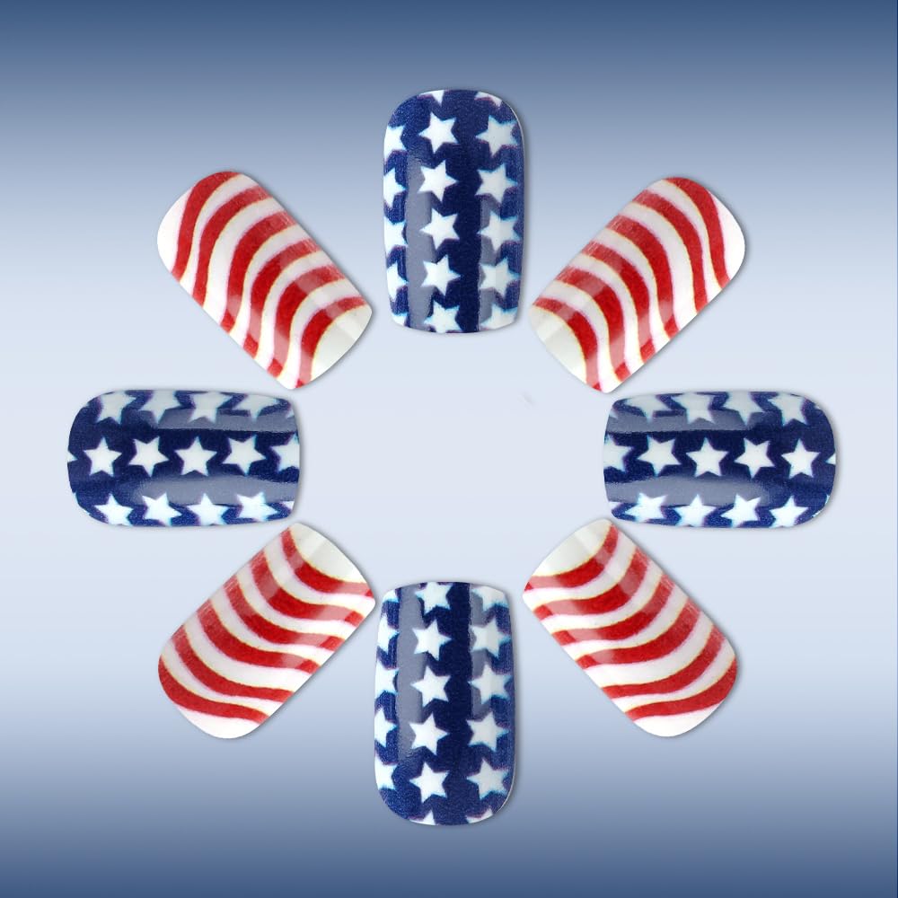 24Pcs 4th of July Press on Nails Medium Square Fake Nails with Star Designs Patriotic Glossy False Nail Fourth of July Nails - 4th of July Nails for Women Girls