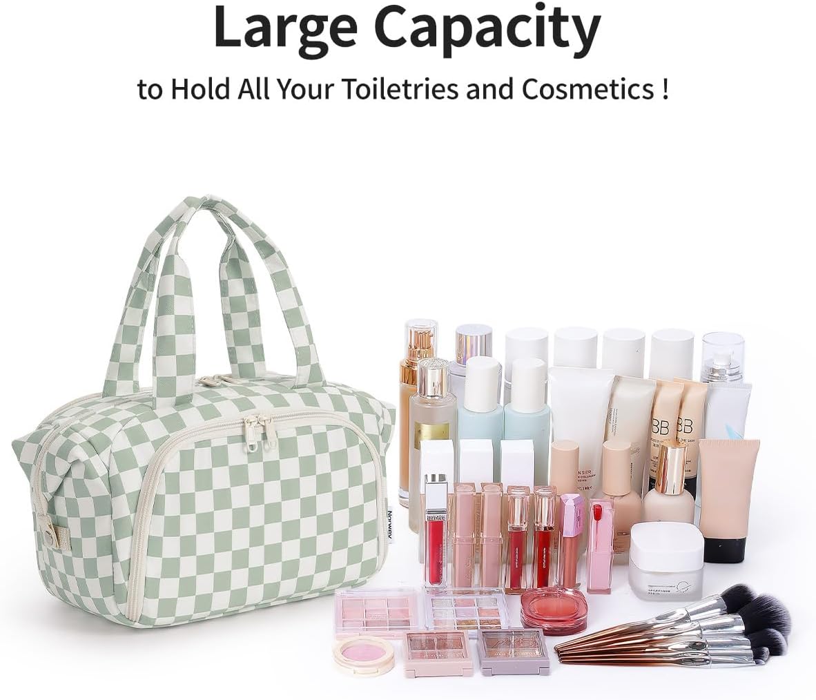 Travel Toiletry Bag for Women - Checkered Makeup Organizer with Handle | Large Size, Wet Pocket (Green Checker)