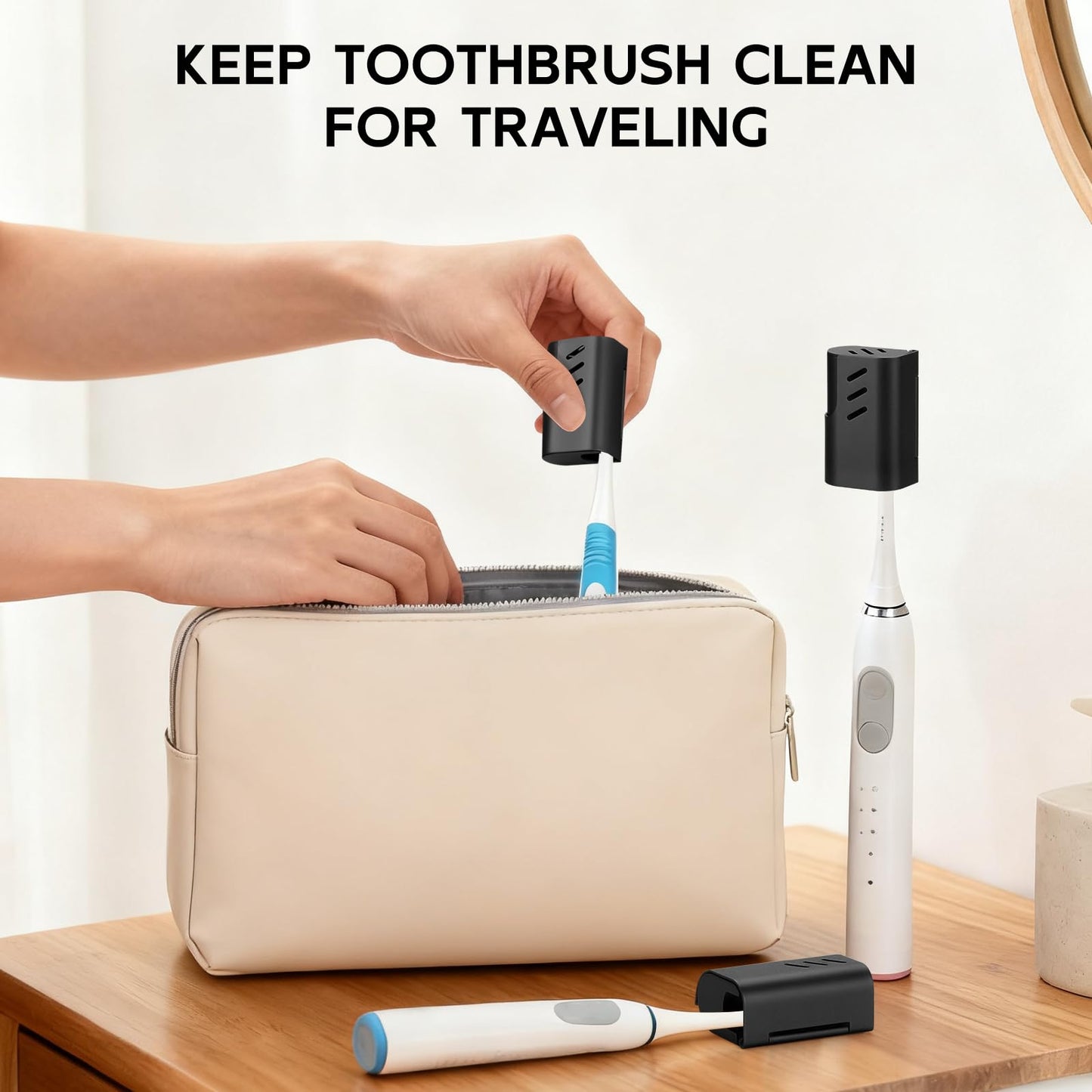 2PCS Aluminum Toothbrush Head Caps, Travel Toothbrush Top Cover, Portable Protector Clip Pod Fits Most Manual and Electric Toothbrush Heads for Household Traveling, Camping, School, Business - Black