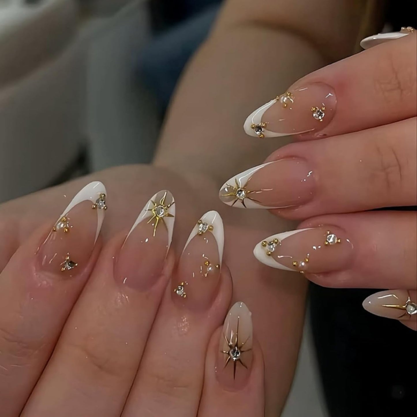 Press On Nails - French Tip Design with Rhinestones | Medium Almond Glossy Full Cover - 24 Pcs