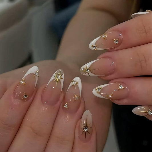 Press On Nails - French Tip Design with Rhinestones | Medium Almond Glossy Full Cover - 24 Pcs