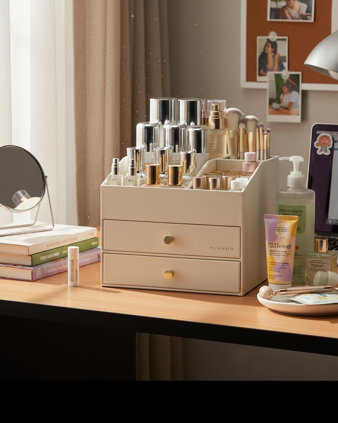 VLANDO Makeup Organizer for Vanity, Skin Care Organizer with Drawers, PU Leather Bathroom Countertop Cosmetic Storage for Lipstick Brushes Perfume, Dresser and Dorm Room Organizer for Women (Beige)
