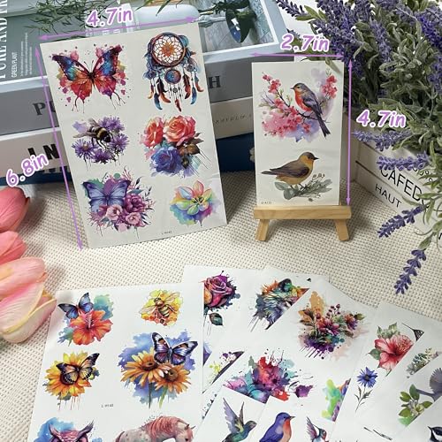 Watercolor Temporary Tattoos for Women - 8 Large Floral Designs