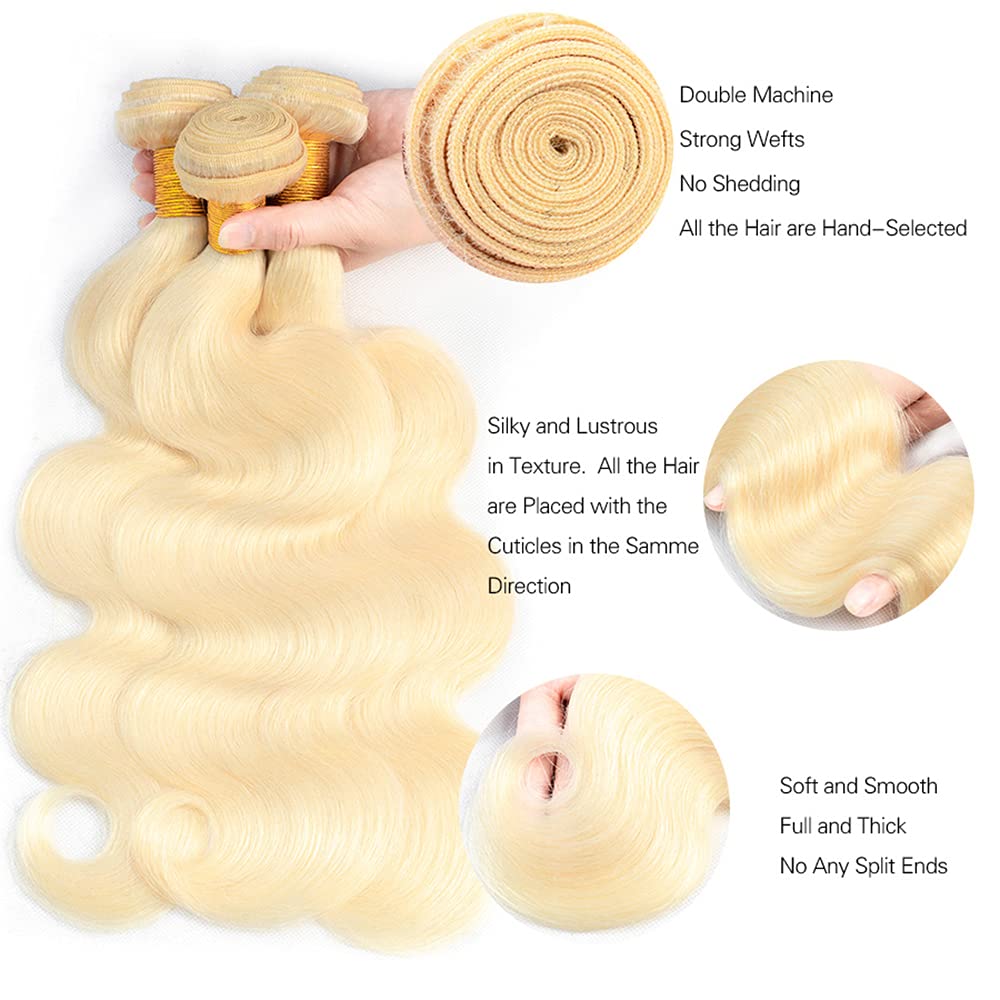 #613 Blonde Bundles Human Hair Body Wave Bundles 24 26 28 Inch Body Wave Bundles Unprocessed Brazilian Virgin Hair Deals Quick Weave Hair Extensions 3 Bundle 50 Gram Per Bundle