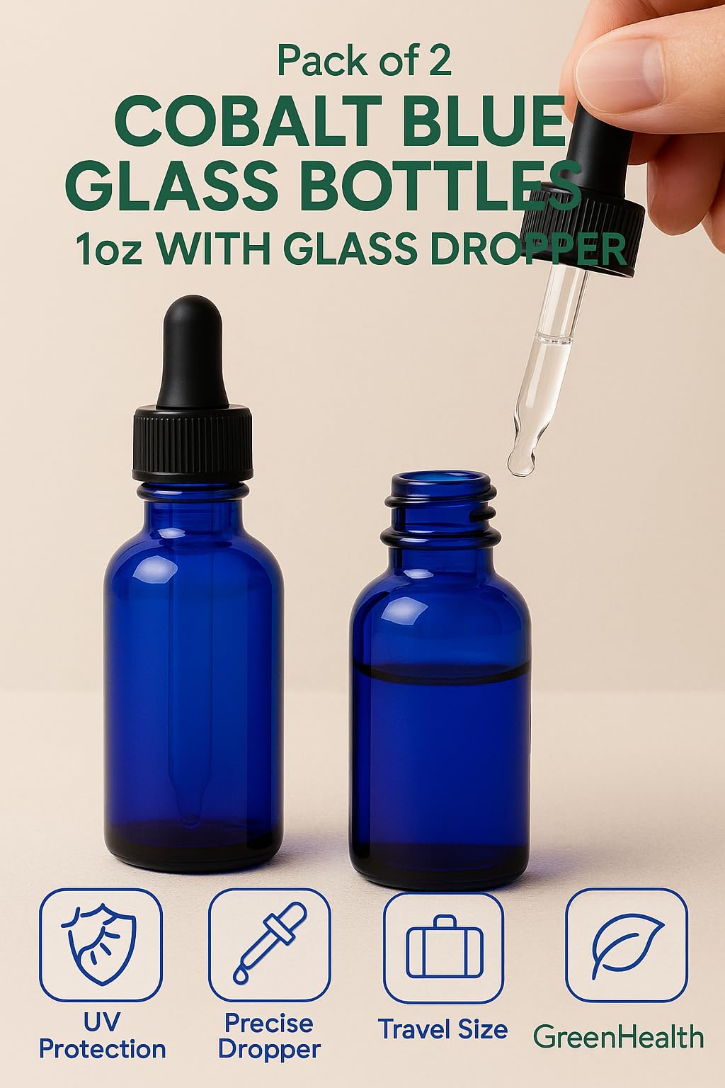 GreenHealth – Pack of 2 – Cobalt Blue Glass Bottles 1oz with Glass Dropper | Refillable Essential Oil, Aromatherapy, Serum & DIY Skincare Containers
