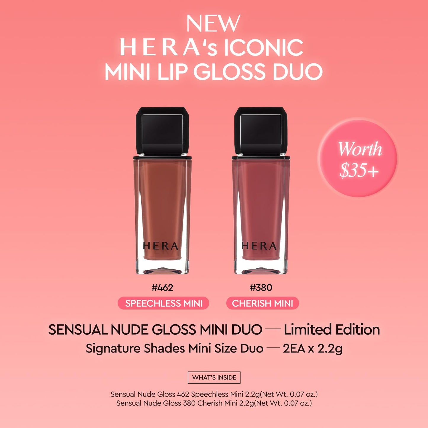 HERA Sensual Nude Lip Gloss Mini Duo #462 SPEECHLESS + #380 CHERISH | Volumizing Sheer & Glossy Finish, Non-sticky, Moisturizing and Hydrating, Signature Shades, Mini Size Duo for Gift, 0.07 oz.× 2EA