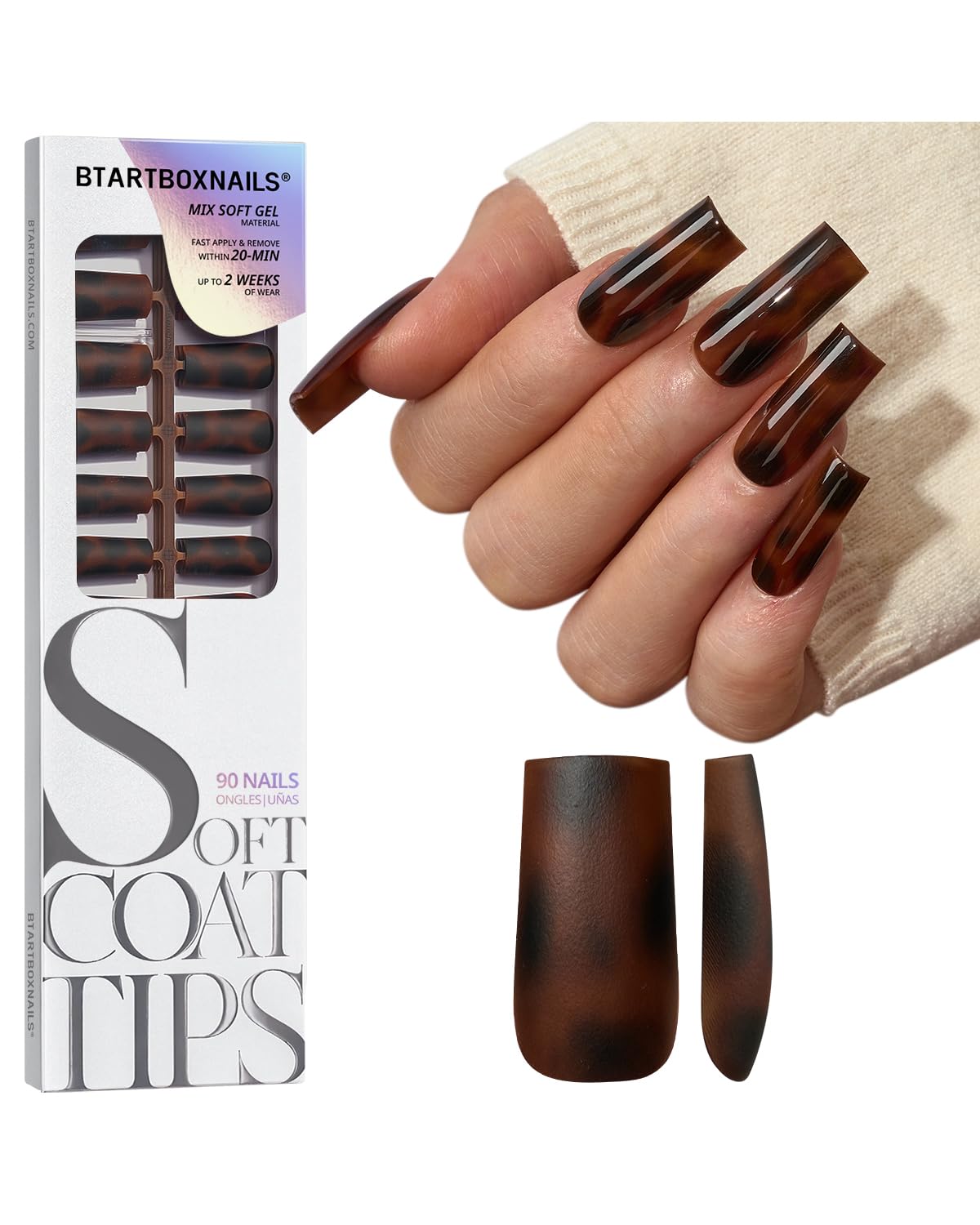 BTArtboxnails SOFTCOATTIPS Press On Nails - Tortoiseshell Long Square Press On Nails, 90Pcs Salon Quality Soak Off Soft Gel Nail Tips in 15 Sizes