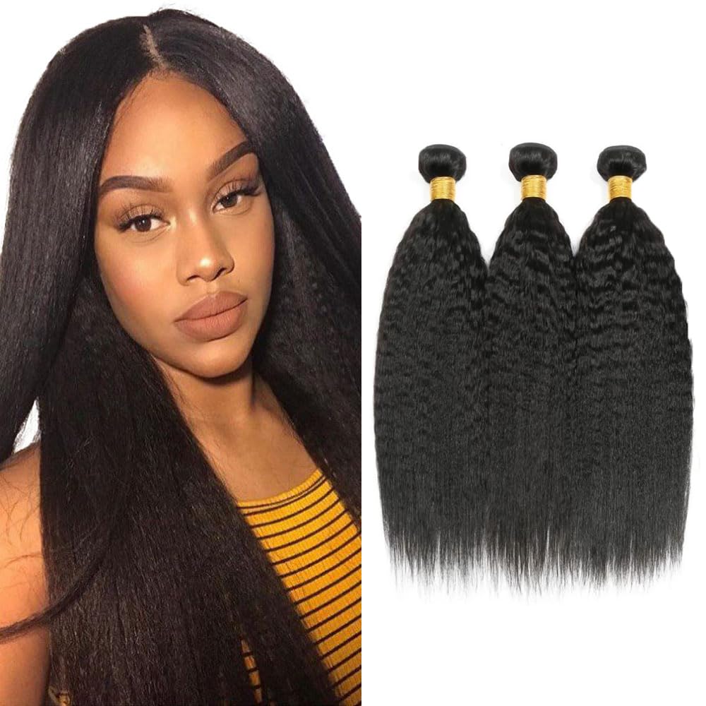 Human Hair Bundles #1B Natural Color Yaki Straight Bundles 20 22 24 Inch Unprocessed Brazilian Virgin Hair 3 Bundle 50 Gram Per Bundle Deals Quick Weave Hair Extensions