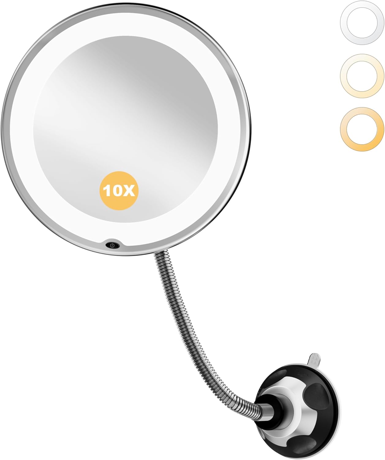 Brightown 10x Makeup Mirror with Lights - Flexible Gooseneck, 3 Lighting Modes | Battery Operated, Suction Cup, Black