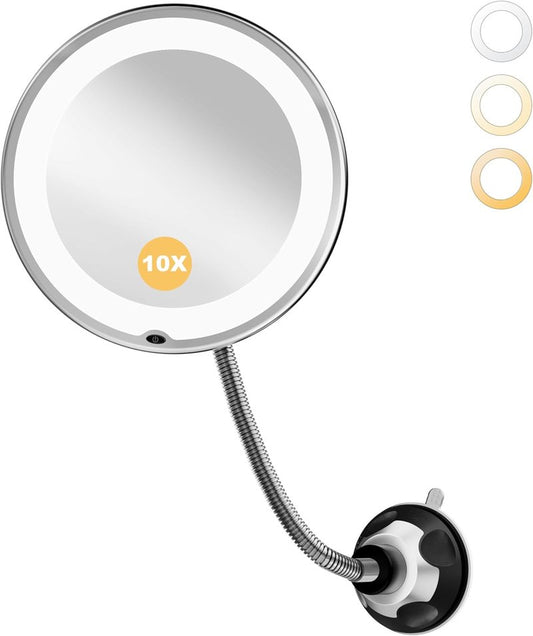Brightown 10x Makeup Mirror with Lights - Flexible Gooseneck, 3 Lighting Modes | Battery Operated, Suction Cup, Black